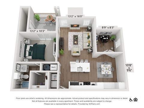 Floor plan for 1 bed, 1 bath, 869 sqft